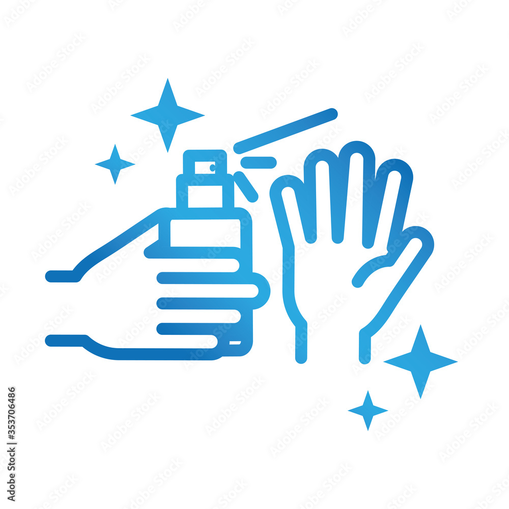 Poster personal hand hygiene, using alcohol spray, disease prevention and health care gradient style icon