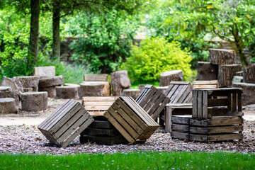 Brittany, France-May 23, 2020: recycling of old crates for a decoration composition at the Yves Rocher Botanical Garden in La Gacill