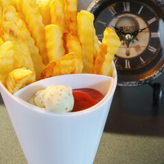 A white high top with french fries, ketchup and mayonnaise