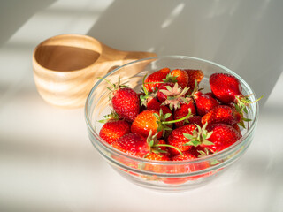 Still life of fresh strawberries tea and lavender