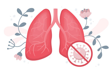 Flat vector illustration of healthy human lungs without viral pneumonia and covid surrounded with flowers. Stop coronavirus in your infected organs, close up view on virus cells