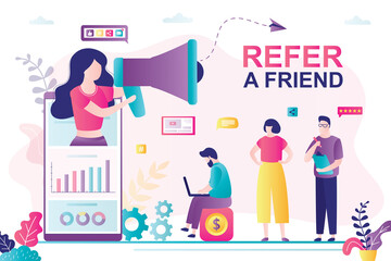 Refer a friend concept banner. Friend Sharing Referral Code. Businesswoman use megaphone and mobile phone.