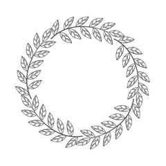 Floral spring branch with leaves round border for decor design elements on white, stock vector illustration