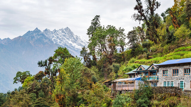 Himalayan mountains landscape on the trek to Paiya from Lukla, Nepal