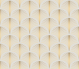 Vintage style elegant floral art deco repeat fan pattern/stylized palm leaf in golden metallic gradient on light background. Seamless art deco fan pattern.