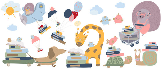Set of vector animals. Animals read books. Hedgehog and dog are carrying a stack of books. Cartoon style flat illustration. For printing postcards, flyers, posters, textiles. Isolate. White background