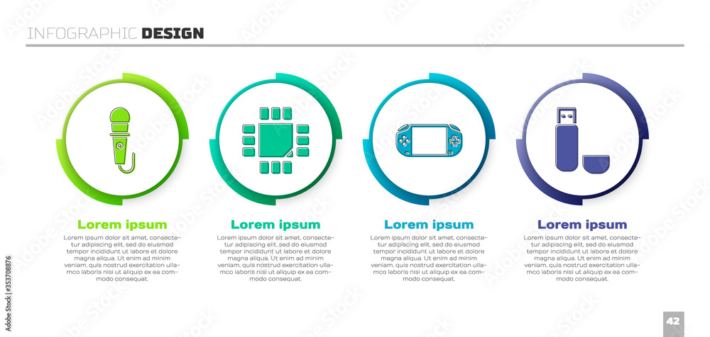 Poster set microphone, processor with microcircuits cpu, portable video game console and usb flash drive. b