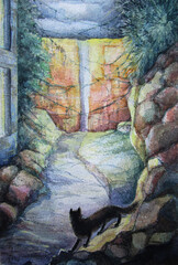 A cat and a road, fantasy watercolor illustration