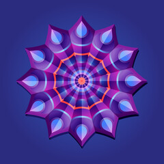 This is a polygon template. This is a purple pink neon geometric mandala. Asian floral pattern.