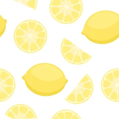 Wall murals Lemons Lemons seamless pattern. Repetitive vector illustration of lemons and slices on transparent background. 