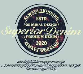 Vintage brush script lettering font. Handwritten calligraphic alphabet for t-shirt or apparel. Textured unique brush in alphabet style.Old school vector graphic for fashion and printing.