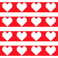 White pixel hearts on the red horizontal stripes. Seamless patter, romantic background. Vector illustration
