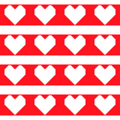 White pixel hearts on the red horizontal stripes. Seamless patter, romantic background. Vector illustration