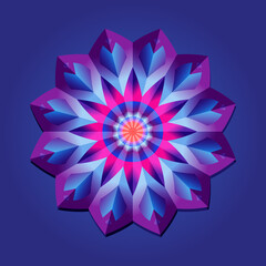 This is a polygon template. This is a purple pink neon geometric mandala. Asian floral pattern.