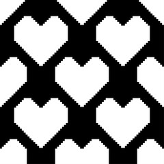 White pixel hearts on a black background. Seamless romantic pattern. Vector