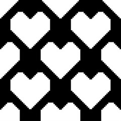 White pixel hearts on a black background. Seamless romantic pattern. Vector