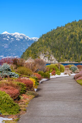 Fantastic view over ocean, snow mountain and rocks at Furry Creek Dive Site in Vancouver, Canada.