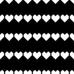 White pixel hearts on a black background. Seamless romantic pattern. Vector