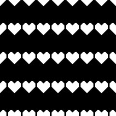 White pixel hearts on a black background. Seamless romantic pattern. Vector