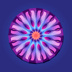 This is a polygon template. This is a purple pink neon geometric mandala. Asian floral pattern.