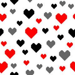 Black, red and gray pixel hearts on a white background. Seamless romantic pattern. Vector