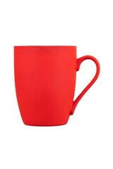 red bright ceramic mug with handle closeup isolated on white background