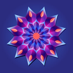 This is a polygon template. This is a purple pink neon geometric mandala. Asian floral pattern.