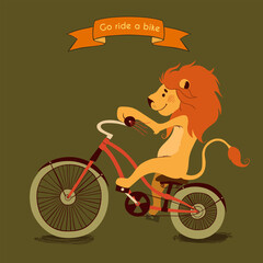 Trip. Happy lion rides his a red bike, illustration © Tatiana