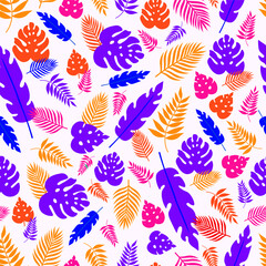 Vector seamless pattern with tropical colorful leaves