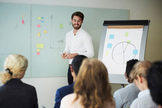 Smiling entrepreneur giving presentation to male and female coworkers in office seminar
