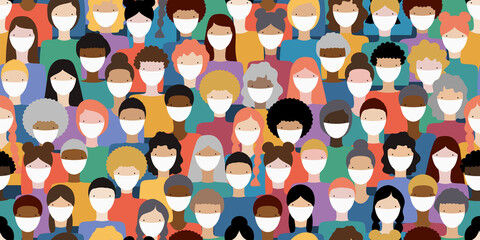 Illustration of diverse crowd of people wearing medical masks for prevention of virus transmission. New corona virus COVID-19 concept. Vector seamless pattern. - obrazy, fototapety, plakaty