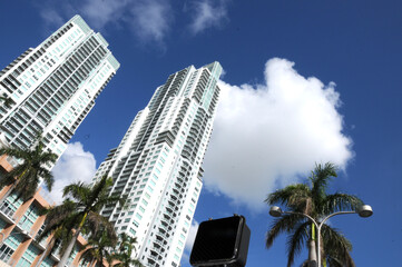 Skyscrapers in perspective against the blue sky in an exotic country. Close-up. Exterior Elements