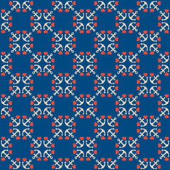 Seamless Pattern of Anchor and Hearts. Vector illustration. Sea life nautical design, navy blue background.