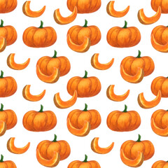 Orange pumpkin - healthy vegetables collection. Seamless pattern with watercolor illustration on white background
