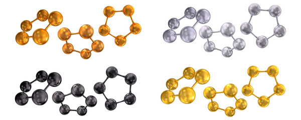 Set of pentagonal molecular lattice different angles. Gold, silver, copper, black colors. Vector 3d illustration isolated on white background.