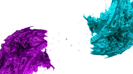 3d render illustration of paint splash purple and teal color isolated on white background