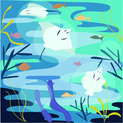 Silhouette of mantas, coral reef and fishes on a blue sea background. Underwater marine life. Vector panoramic illustration.