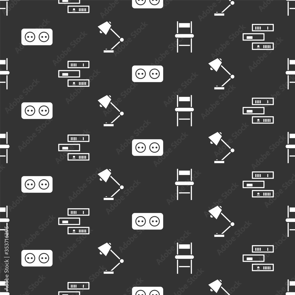 Poster set chair, shelf with books, electrical outlet and table lamp on seamless pattern. vector.