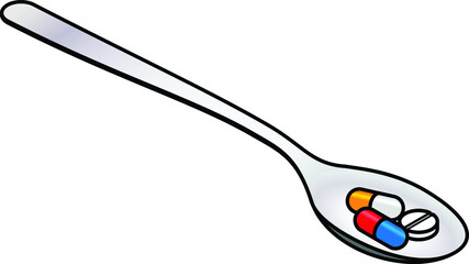 A metal spoon with two medicine capsules and a white pill.
