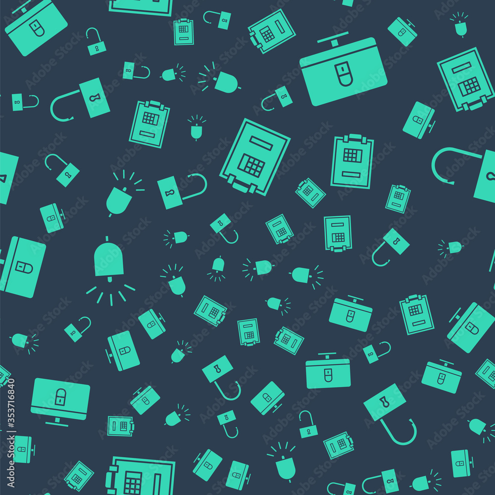 Aufkleber set safe, lock on computer monitor, ringing alarm bell and open padlock on seamless pattern. vector.