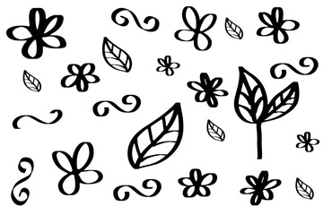 Flowers, petals, leaves, plants doodles icon set. Hand drawn lines cartoon icons collection. Vector illustration.