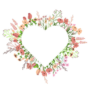 white heart shape in the middle with wild pale flowers around on white background - flat hand drawn vector illustration