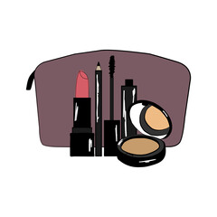 Cosmetic bag with makeup. Beauty style isolated on white background. Set of lipstick, eyeliner, mascara and powder.