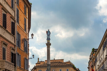 Virgin Mary Statue Immaculate Conception Column In Piazza Spagna, Rome, Italy