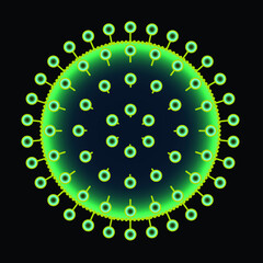 Influenza corona virus with spherical envelope and glycoprotein spikes. On a black background.