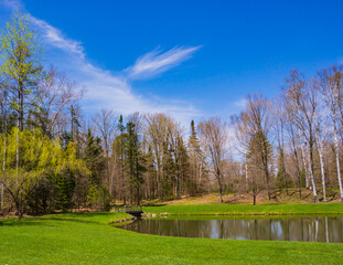 Vermont rural scene in spring with pond, grassy field and trees 
