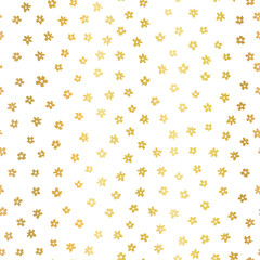 Gold foil ditsy flowers seamless vector pattern. Faux metallic golden florals on white background. Repeating ditsy flower backdrop. Summer or spring nature design. Use for elegant packaging, wrapping