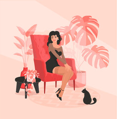 Elegant woman in black dress is sitting in red chair in rays of the sun. Colorful vector illustration in flat cartoon style. Surround home plants, manstera, black cat, table and carpet.