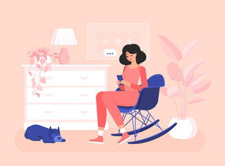 Girl freelancer is sitting in a chair with a mobile phone. Efficient and productive work at home. Colorful vector illustration in flat cartoon style. Domestic dog. Modern interior.
