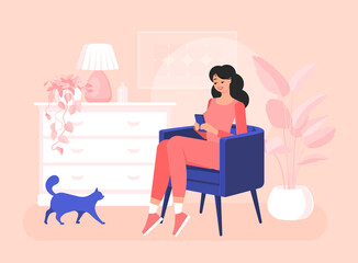 Girl freelancer is sitting in a chair with a laptop. Efficient and productive work at home. Colorful vector illustration in flat cartoon style. Domestic cat. Modern interior.